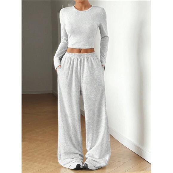 EZwear Women's Solid Color Crew Neck Long Sleeve Bodycon T-Shirt And Sweatpants - Picture 1 of 6